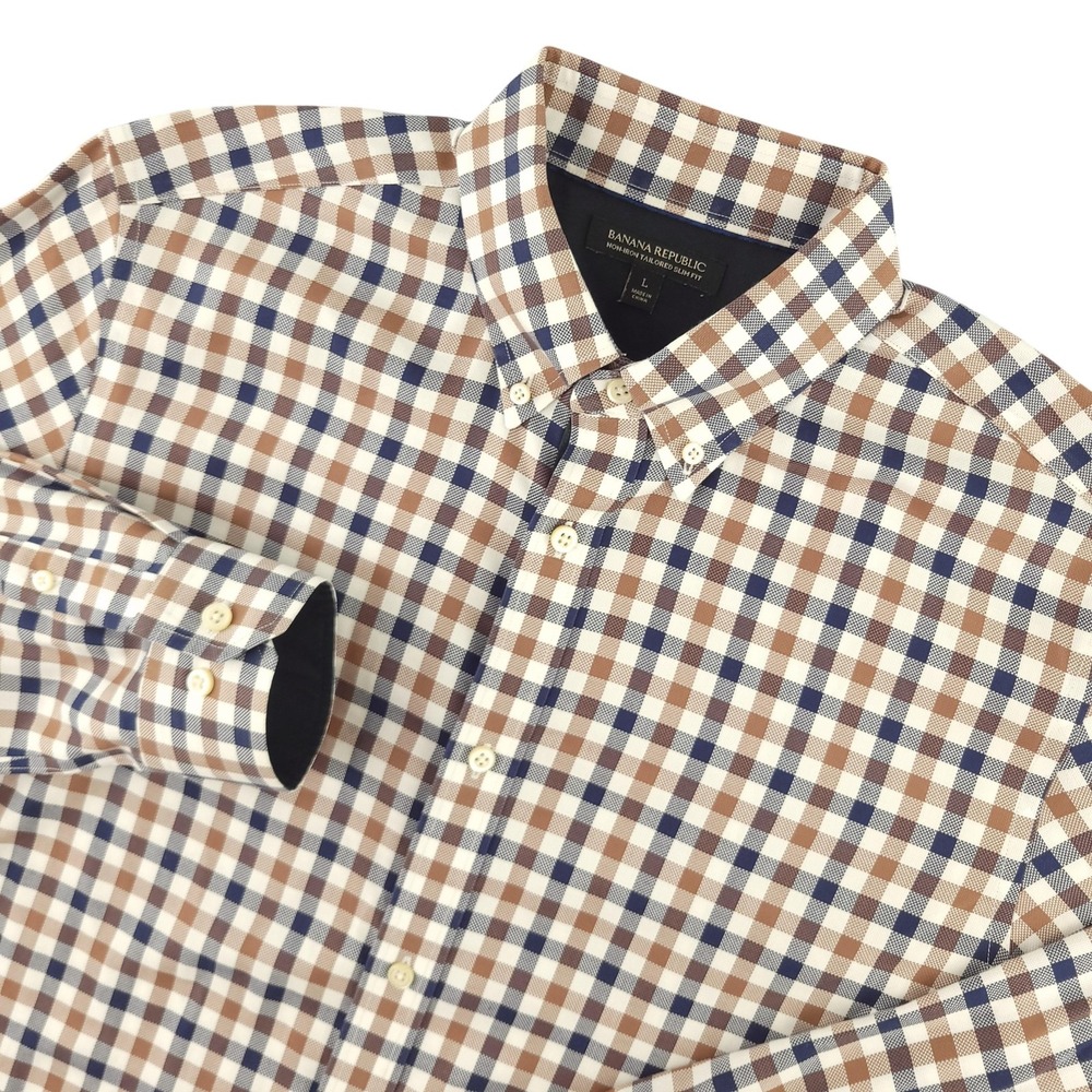 Banana Republic Dress Shirt Mens L Brown Navy Gingham Slim Fit Non Iron Oxford